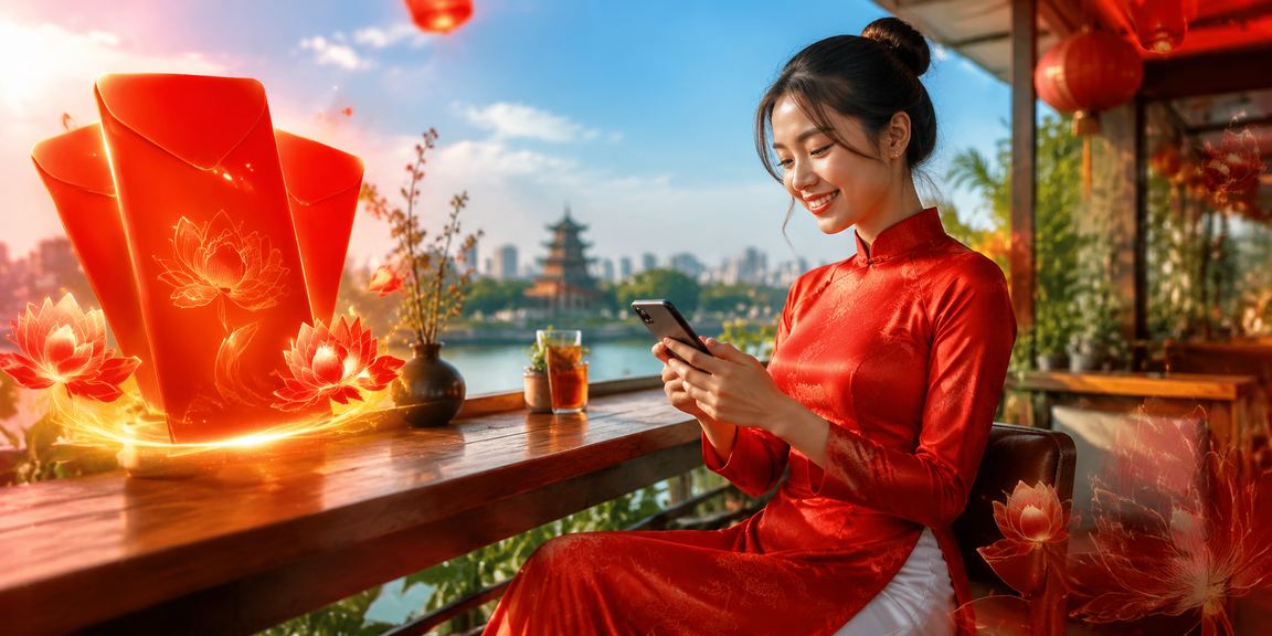 Cô gái Hà Nội trong trang phục áo dài nhận phong bì đỏ may mắn bên cạnh điện thoại hiển thị tài khoản casino